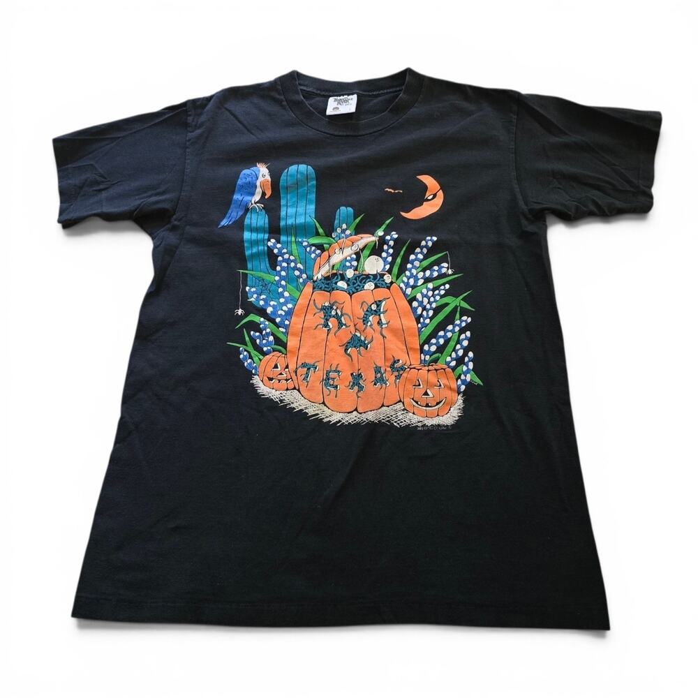 Vintage Tennessee River Texas Halloween Shirt SZ L Pumpkin Bluebonnet Cactus